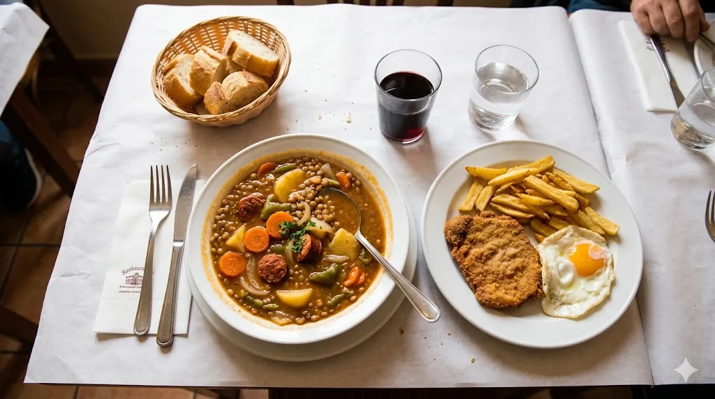Bandeja con lentejas estofadas y lomo empanado, comida casera tradicional