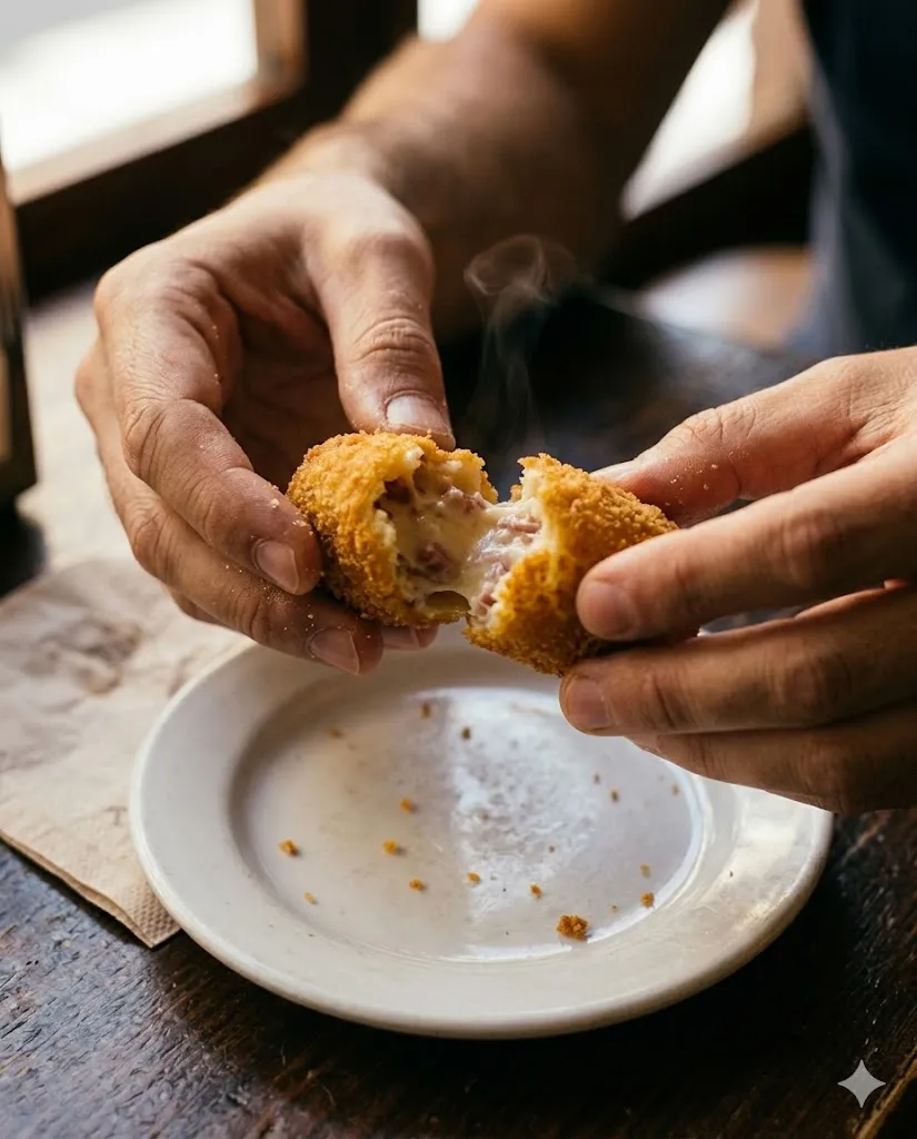 Croqueta casera abierta mostrando bechamel cremoso