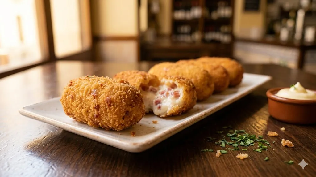Croquetas caseras de jamón crujientes en plato rectangular