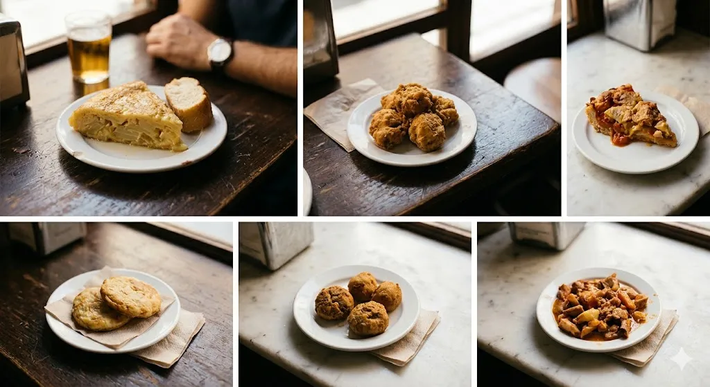 Mosaico editorial de tapas tradicionales: tortilla, croquetas y guiso