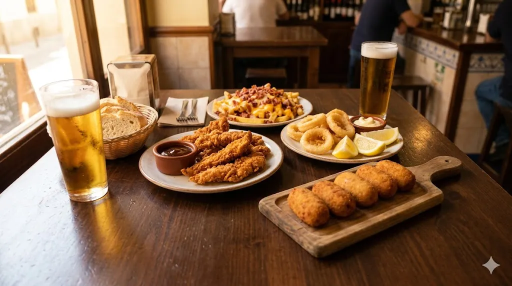 Mesa con varias raciones, cervezas y pan en bar madrileño