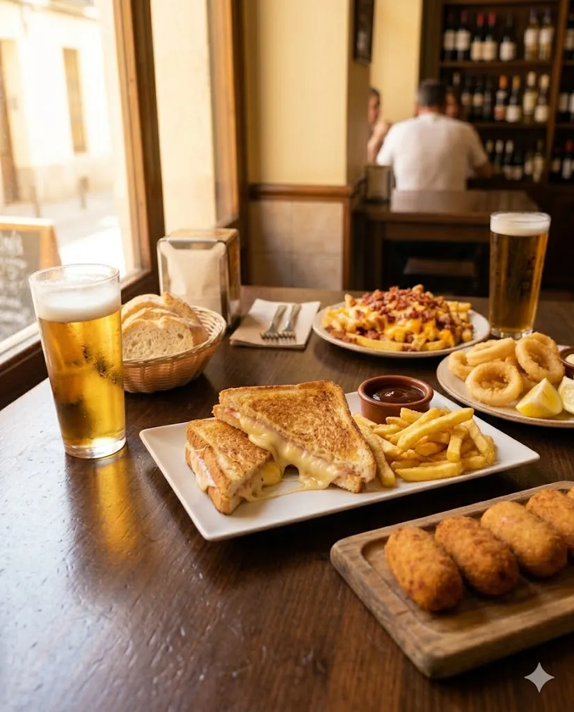 Mesa con sándwich mixto, croquetas y caña en bar tradicional
