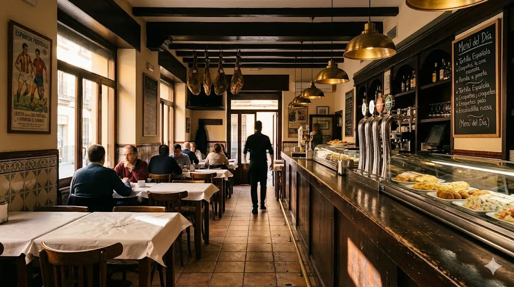 Interior del bar con jamones colgando y mesas con manteles