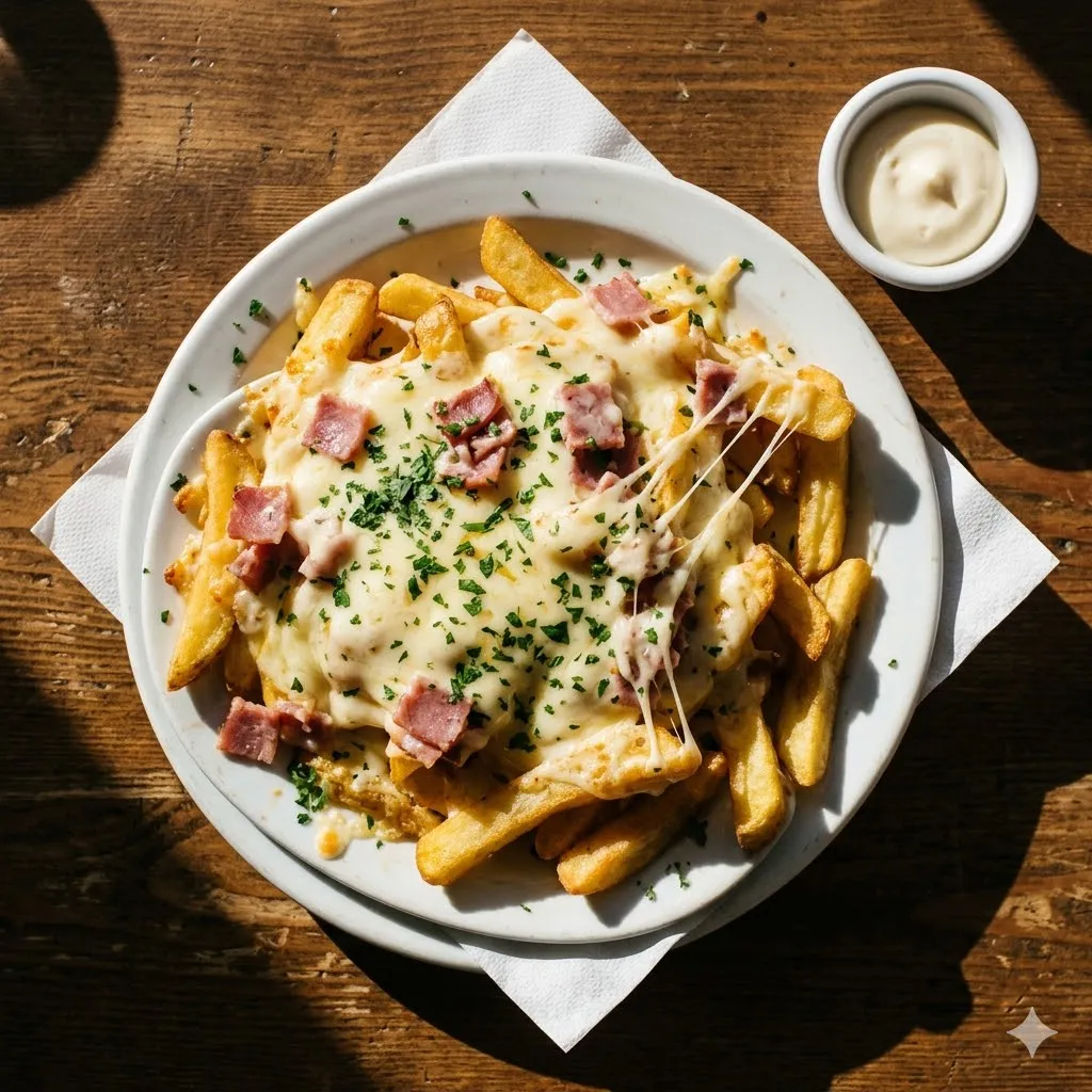 Patatas con queso fundido, jamón y perejil