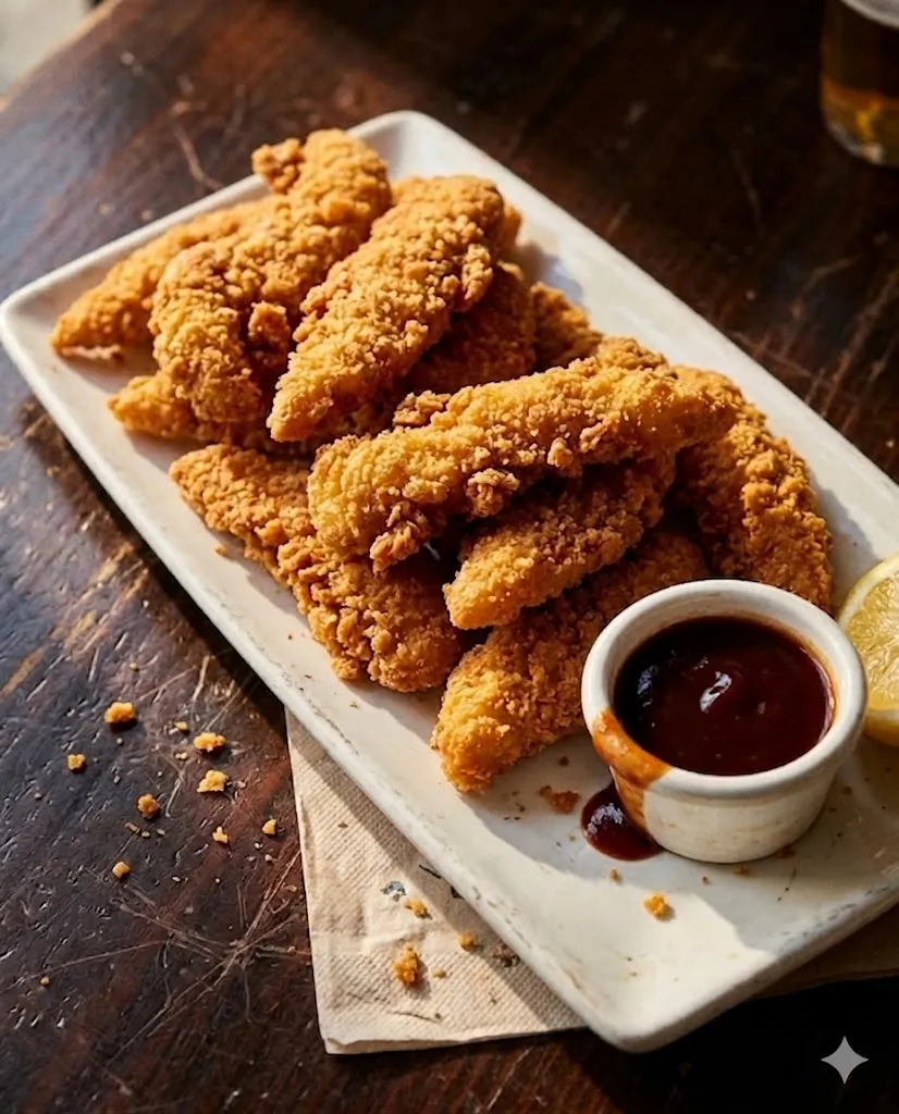 Tiras de pollo crujientes con salsa BBQ casera